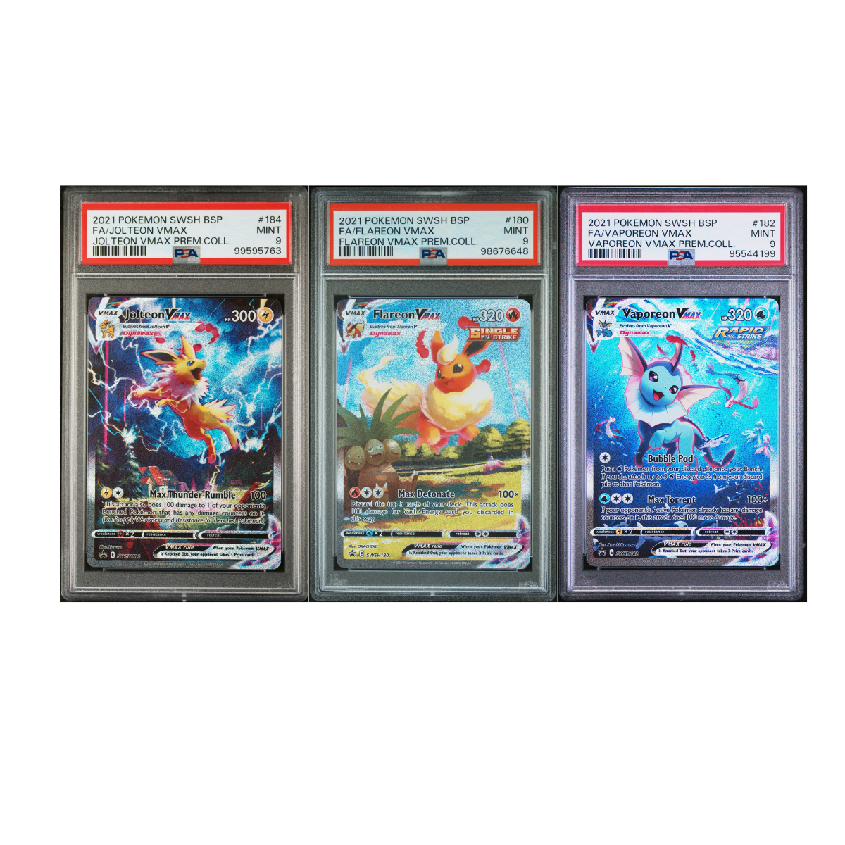 2021 POKEMON SWSH BLACK STAR PROMO FA/VAPOREON #182 & FA/JOLTEON #184 & FA/FLAREON #180 VMAX PREM.COLL.